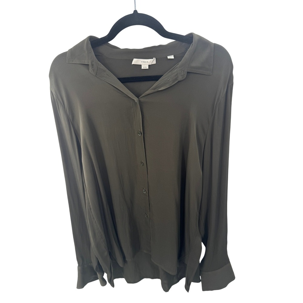 Vince Button Down Shirt Size XL Olive Green Silk Blend Top Long Sleeve - Picture 3 of 11